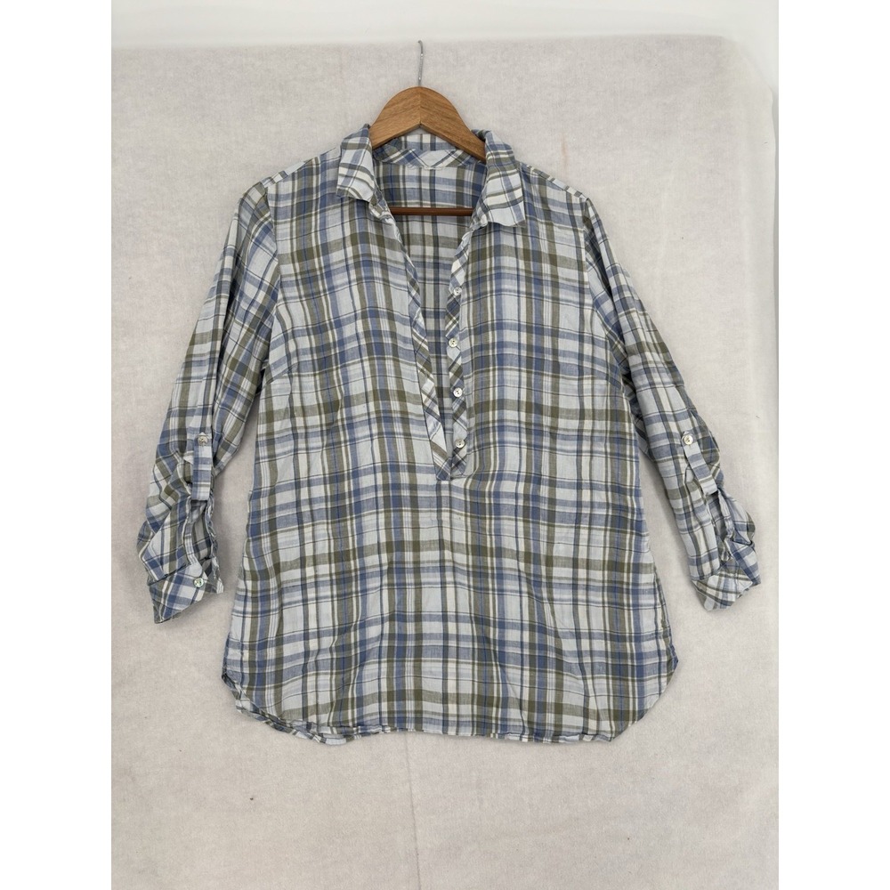J Jill Love Linen Button Up Plaid Popover Tunic Shirt L 💯 Linen Roll Tab Sleeve - Picture 4 of 14
